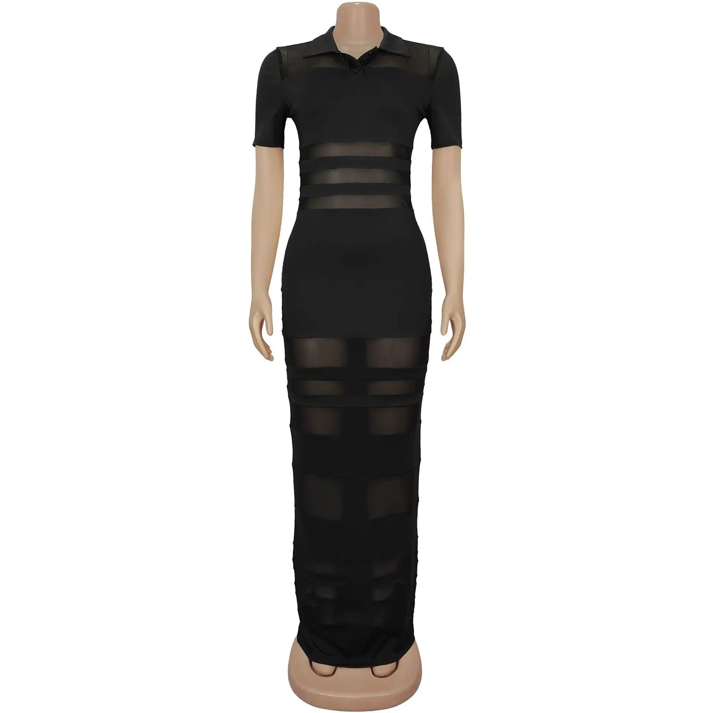 Sexy Women Turn Down Collar Short Sleeve Mesh Patchwork Striped Long Dress Vestidos