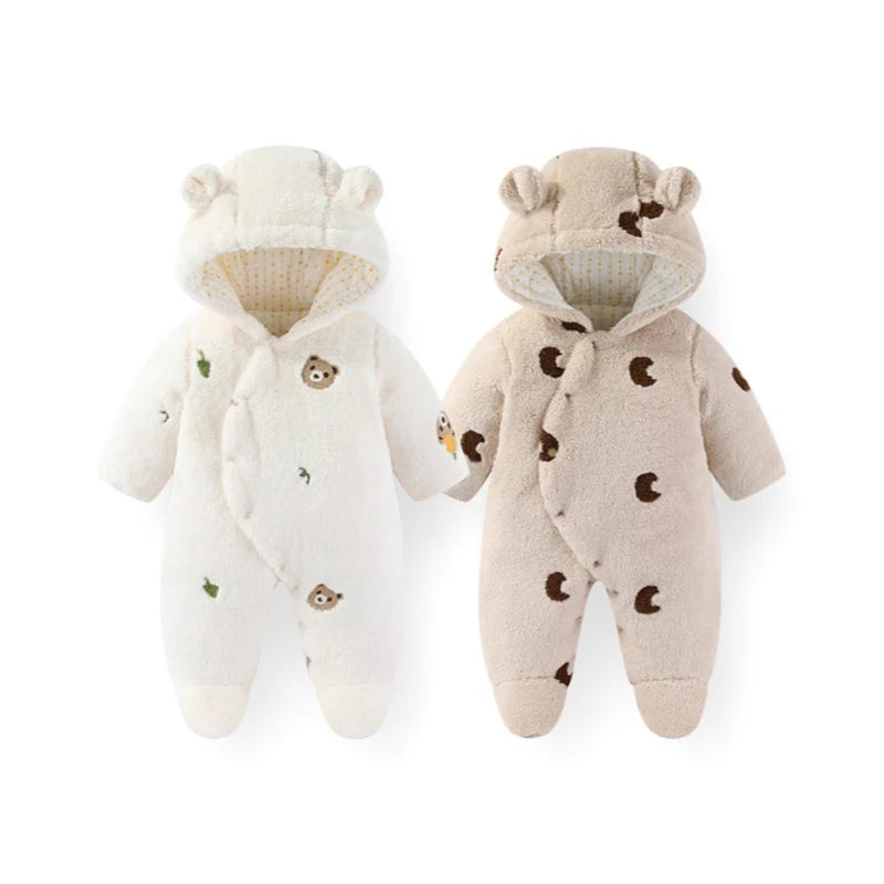 Winter New-born Warm Clothes Cotton Padded Toddler Fur Lining Hoodie Footie Jumpsuits