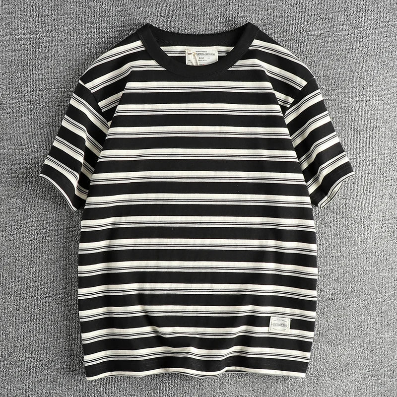 2024 Summer New American Retro 240g Short Sleeve O-neck Striped T-shirt Men's Simple 100% Cotton Washed Heavyweight Casual Tops