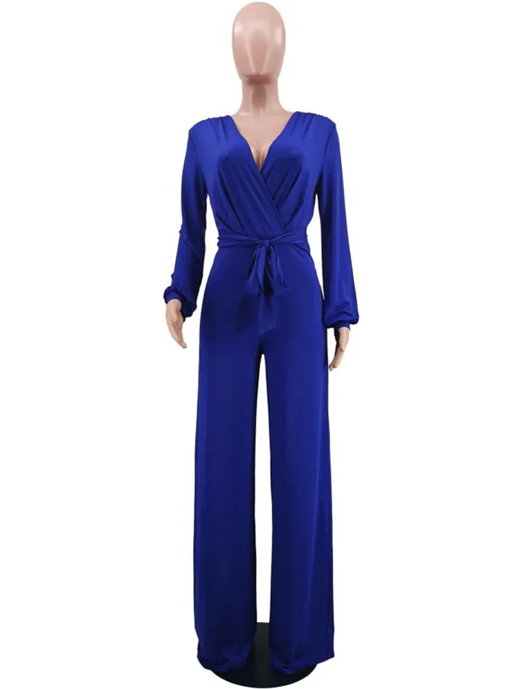 Women Solid Color Knitted V-Neck Long Sleeve Straight Jumpsuit With Belt