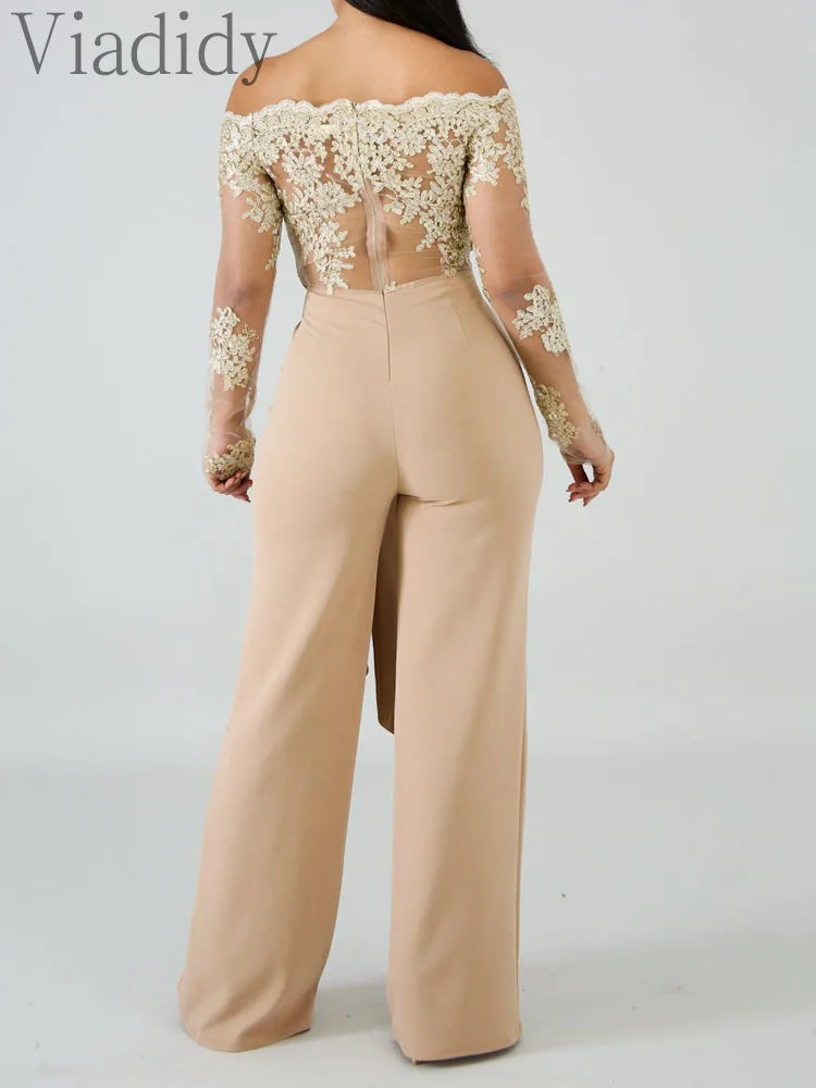 Off Shoulder Mesh Embroidery Long Sleeve Flare Jumpsuit With Belt