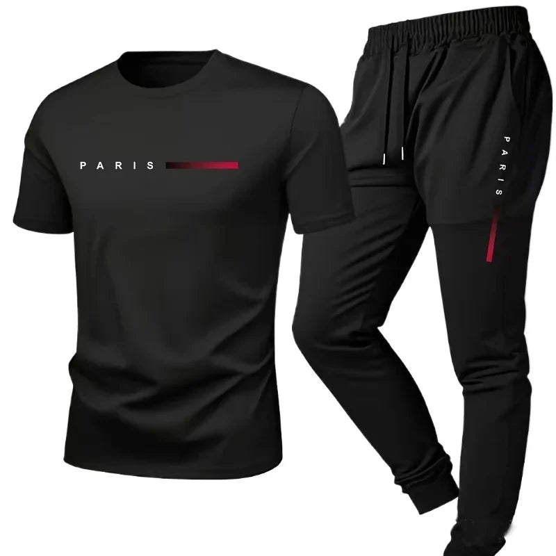 PARIS Men’s Casual 2-Piece Tracksuit Set – Letter Print T-Shirt & Shorts Summer Sportswear Outfit