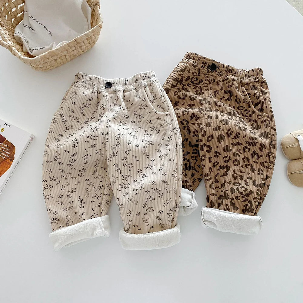 Autumn Kids Baby Pants Thickened Fleece Lining Floral Girls Trousers Warm Fashion Leopard Print Boys Pants Outwear 1-5Y Unisex