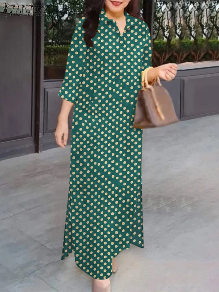 Polka Dot Vintage Shirtdress Women 2025 Autumn Loose Casual 3/4 Sleeve Turn-down Collar Vestidos Holiday Maxi Dress