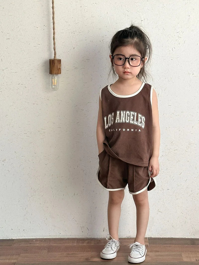 New Summer Kids Clothes Set Children Thin Style Letter Sports Suit Girls Tank Top Shorts Boys Outfits 4-6Y Unisex