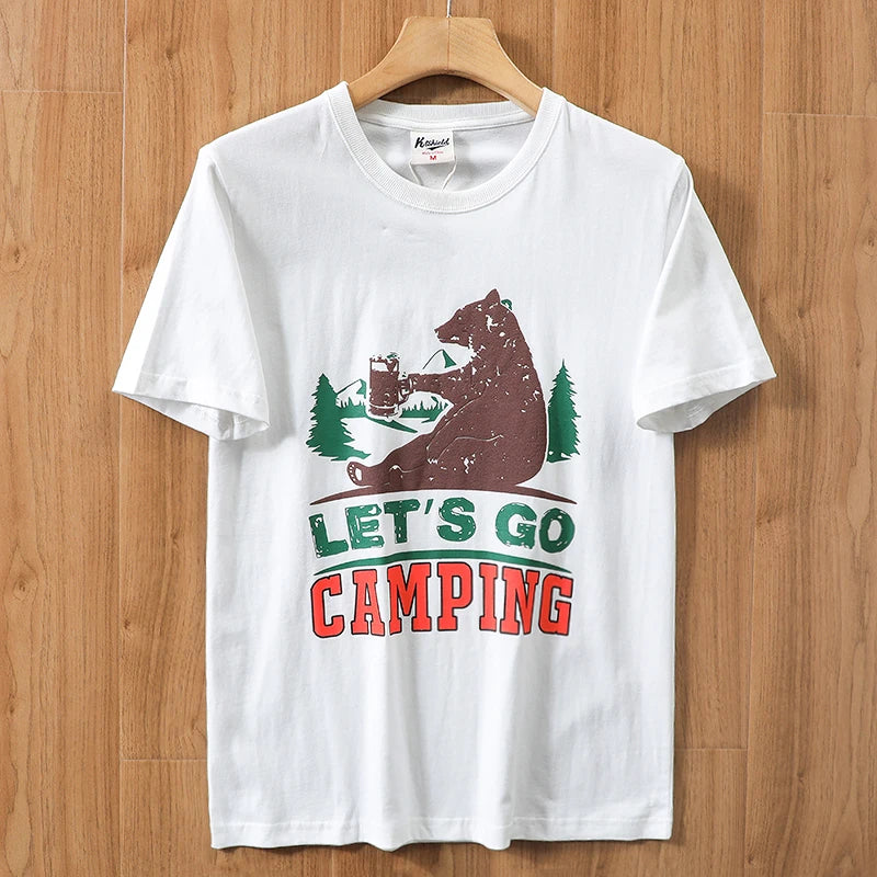 2025 Summer New American Retro 250g Short Sleeve O-neck Printed T-shirt Men's Fashion 100% Cotton Washed Casual Loose Tops