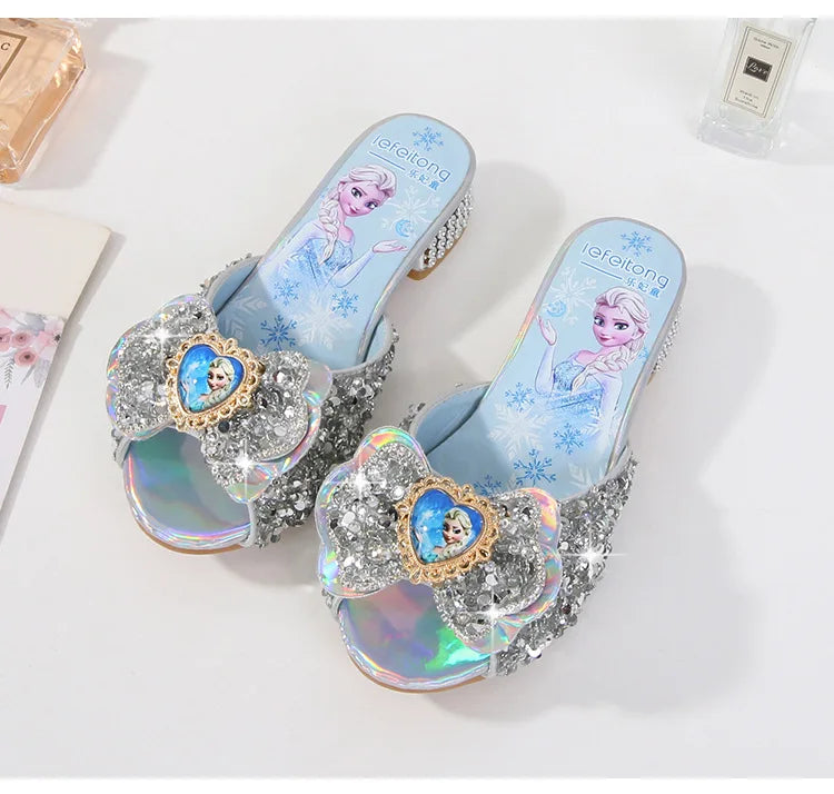 Zomersandalen voor meisjes, modieuze slippers met pailletten, prinsessenschoenen voor kinderen, hoge hakken, feestjurken, Elsa-schoenen, leren slippers voor meisjes