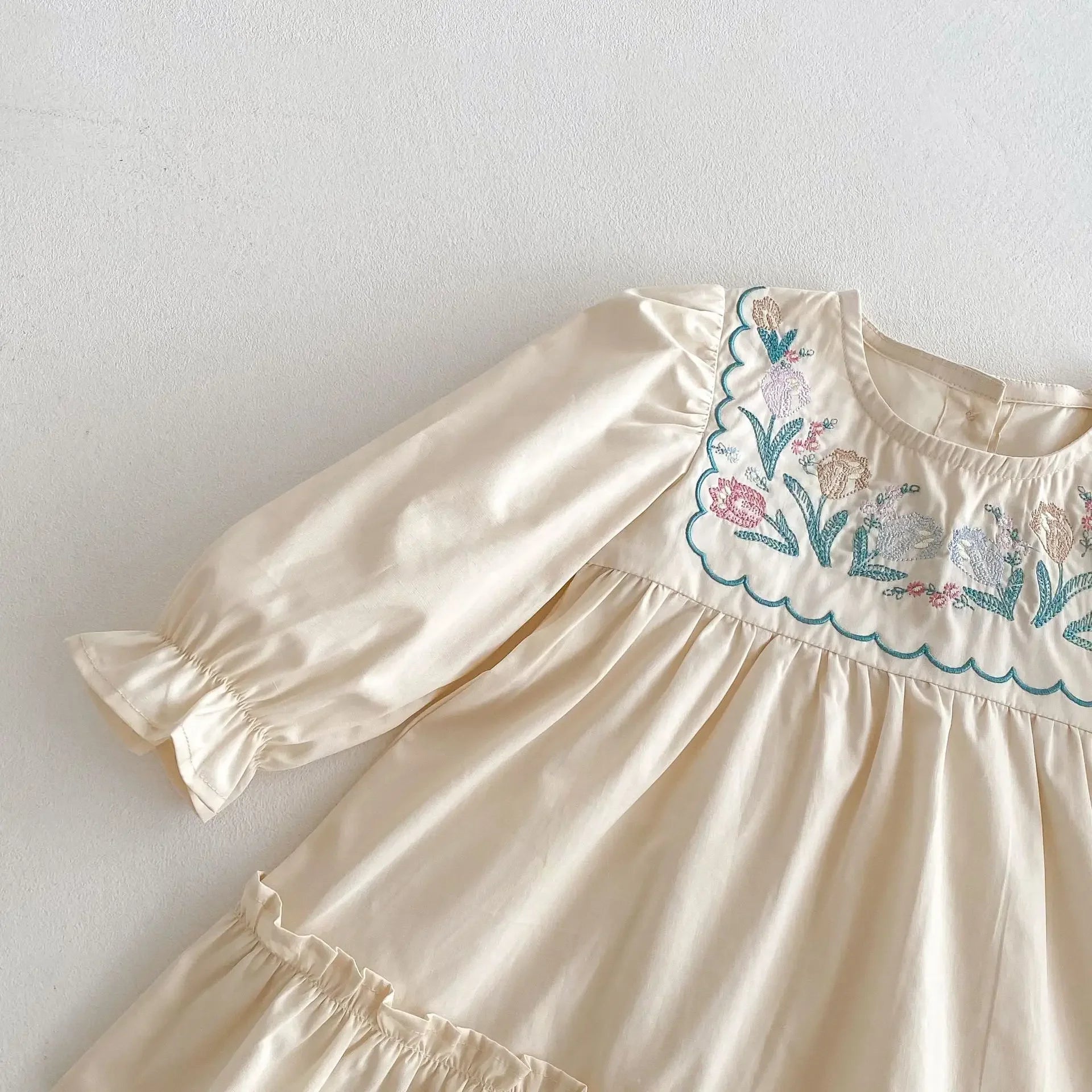 2025 Spring Children's Clothing Girls Casual Dress Puff Sleeved Embroidered Kid's O-neck Princess Dress 1-6Y Girls