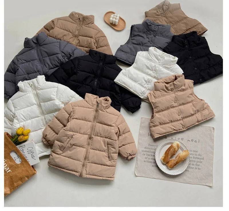 Winter Kids Parkas Thicken Vest And Parkas 2 Pcs Boys Long Parka Cotton Lining Girls Jacket 4-6Y Unisex