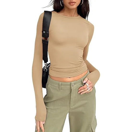 Fashion Senior Women's Long Sleeve Crew Neck Solid Slim Fit T-shirt Crop Top Ladies Daily Streetwear Casual Tee