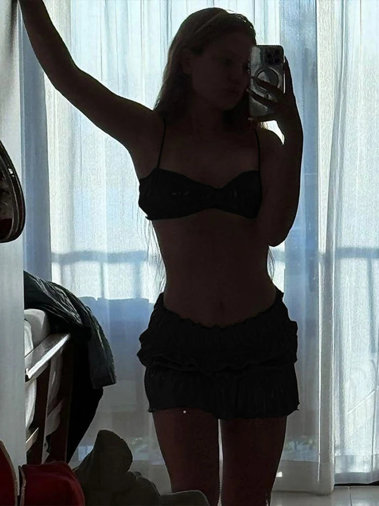 Sexy Beach Style Women 2 Piece Set Y2K Glitter Silky Strapless Bandage Camisole + Briefs + Ruched Ruffles Skirts Clubwear