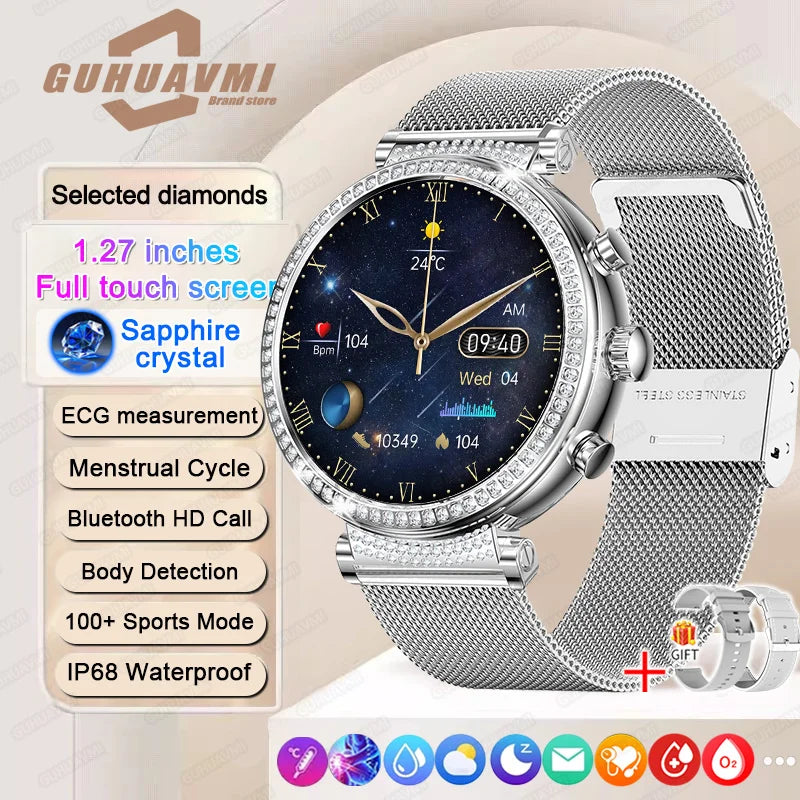 Women Diamond Smart Watch ECG Women Health tracking Watch Full Touch Screen BT Call Custom dial Smartwatch Compatible with Huawei & Xiaomi IOS