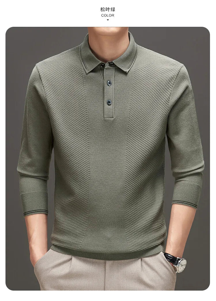 Men's Solid Colour Business Casual Polo Shirt, Suitable For Daily Commute, Pullover Sweater, Warm Knitted Long-Sleeved Cardigan
