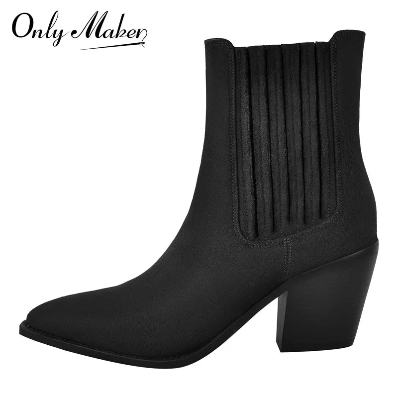 Pointed Toe  Pull-on Western Cowgirl  Boots  Chunky Heel Big Size Ankle Boots