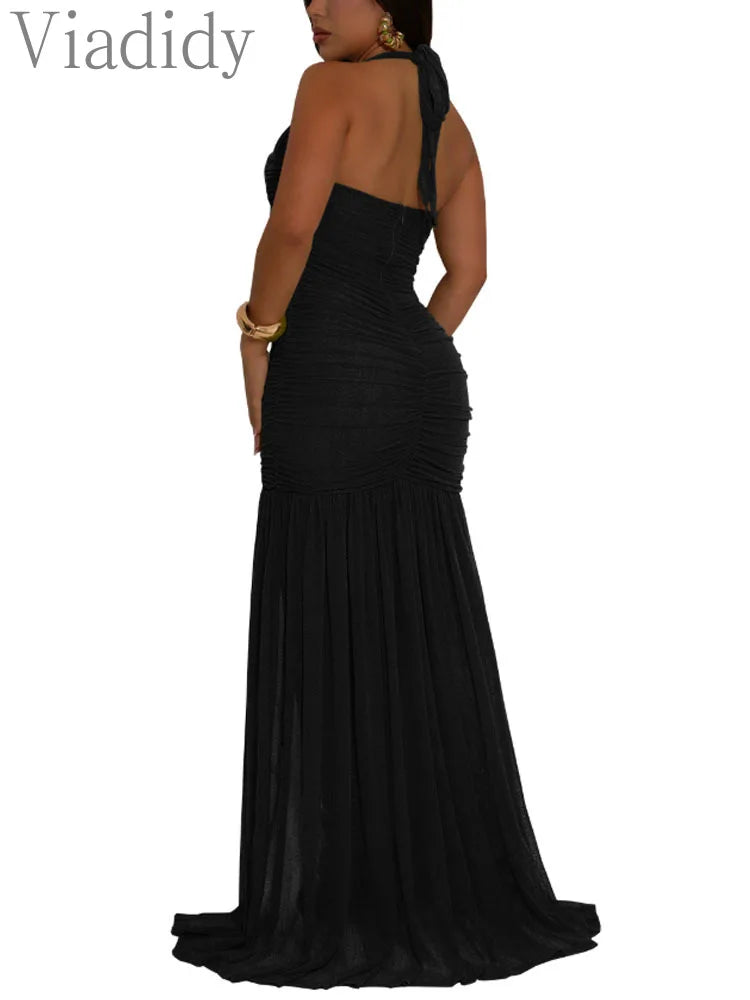 Women's Sexy Summer See Through Sheer Mesh Slit Solid Color Halter Dress Ruched Mermaid Pleated Mermaid Party Dress