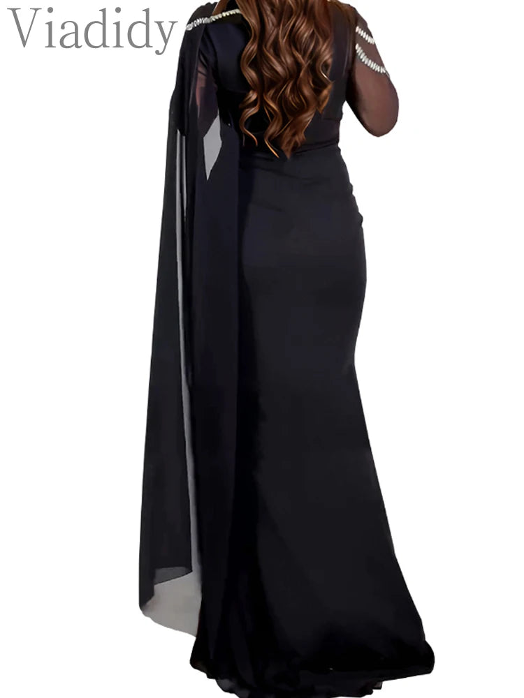 Sexy See Through Long Sleeve Solid Color Sheer Mesh Rhinestone High Slit Party Dress