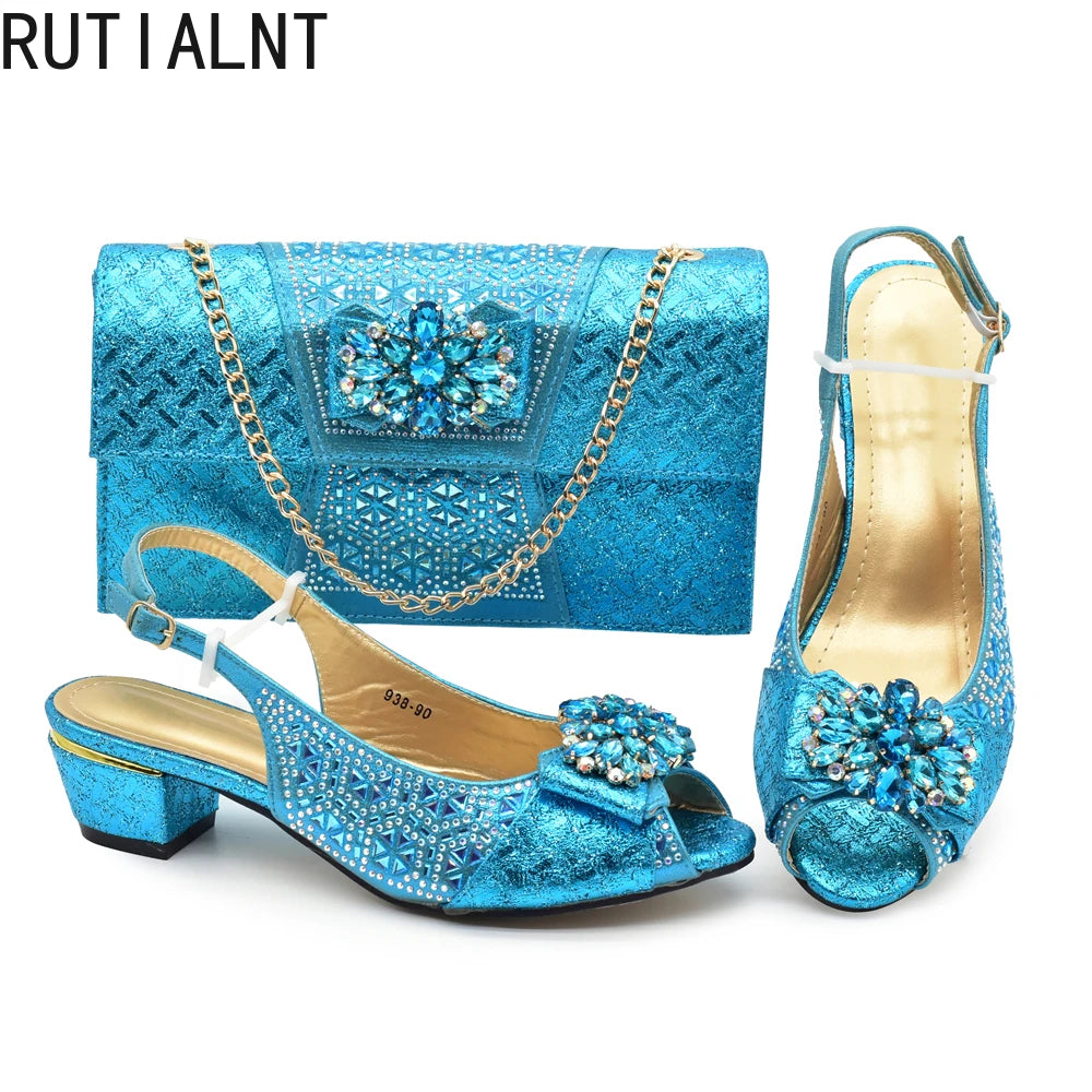 Matching Nigerian Party Shoes and Bags for Ladies Elegant Heeled Shoes for Women Rhinestone African Bag and Shoe Set