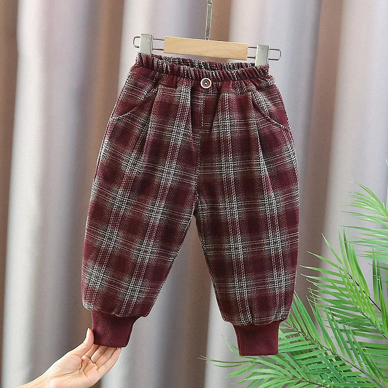 Winter Baby Children's Pants Girls Retro Plaid Thick Trousers Fur Lining Boys Warm Casual Pants 0-5Y Unisex