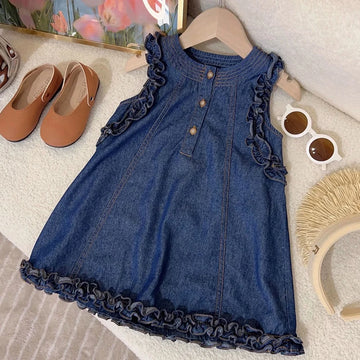 2024 New Summer Girl's Dress Kid's Sweet Denim Tank Dress Children Tops Outfit 1-7Y Girls