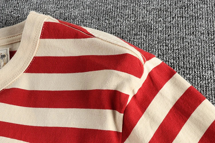 Autumn New American Retro 230g Heavyweight O-neck Striped T-shirt Men's Fashion 100% Cotton Washed Casual Loose Tough GuyTops