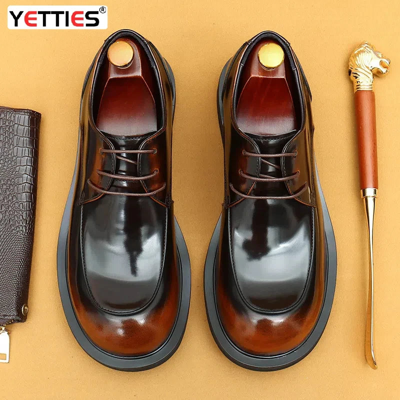 Men's business lace up casual leather shoes British big toe shoes cowhide patent leather round toe derby shoes Retro men's shoes