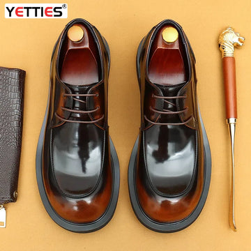 Men's business lace up casual leather shoes British big toe shoes cowhide patent leather round toe derby shoes Retro men's shoes