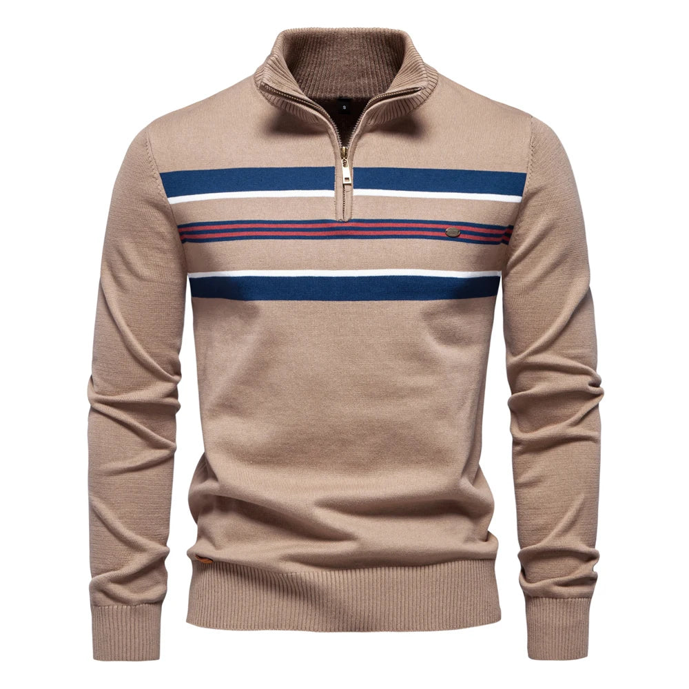 Men's Mock Neck Cotton Pullover Knit Sweaters Casual Business Strip Ribbed Turtleneck Sweaters for Men