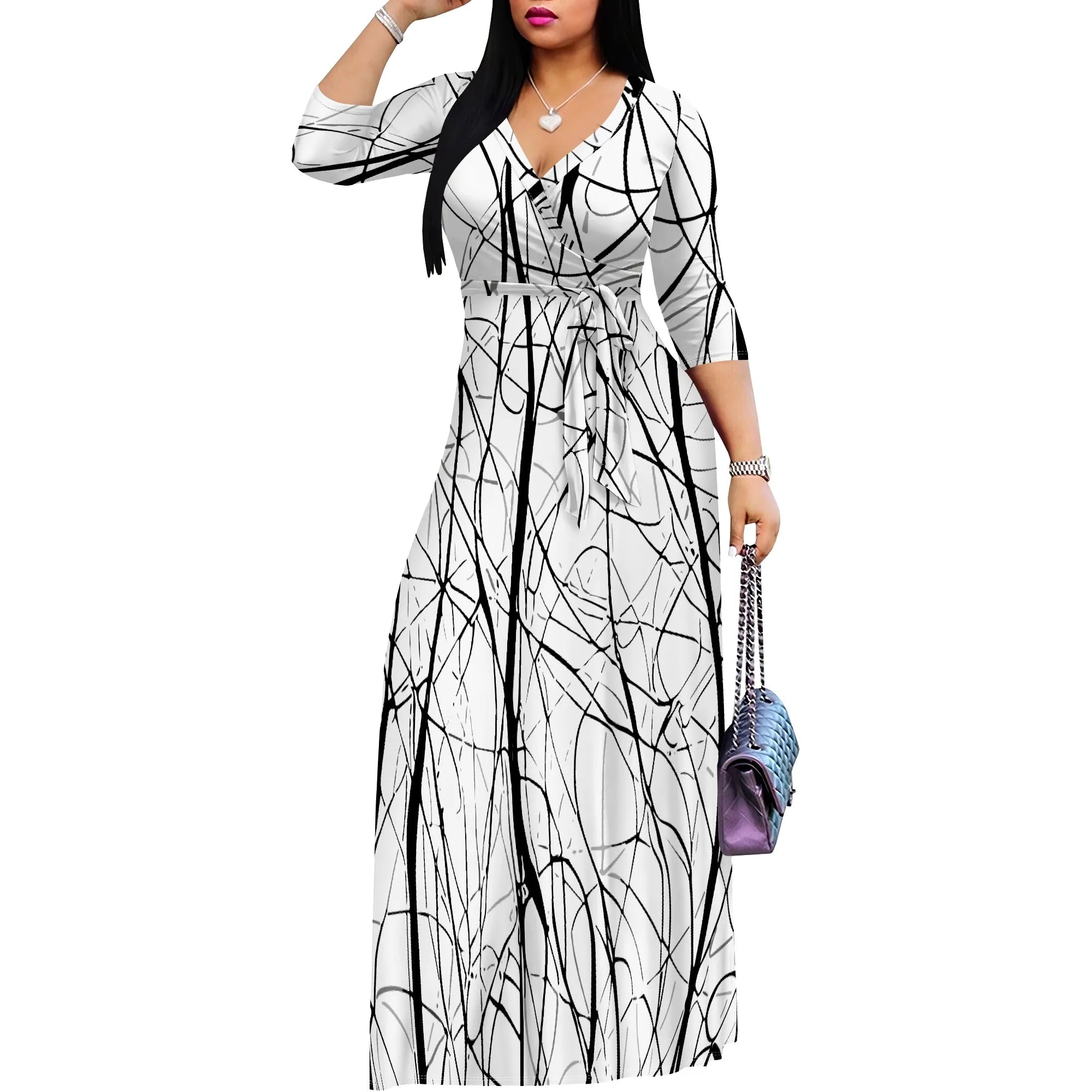 Plus Size Maxi Dress for Women Casual Summer Sundress V-Neck 3/4 Sleeve