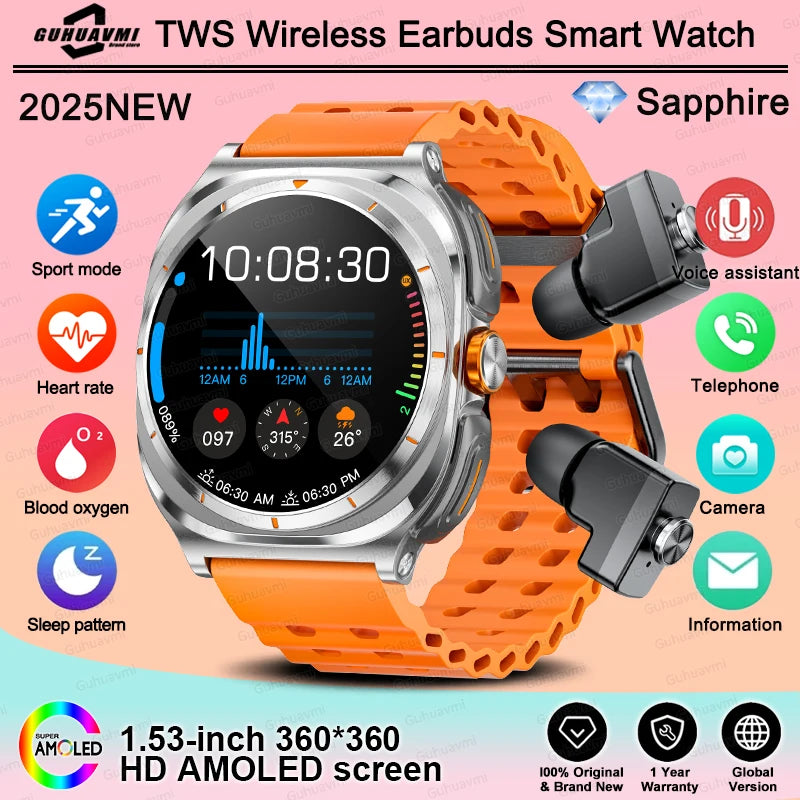 Men's Smart Watch TWS Headset Two In One Wireless Bluetooth Call Dual Earbuds Health Monitor Sport Tracker 400MAH Smartwatch