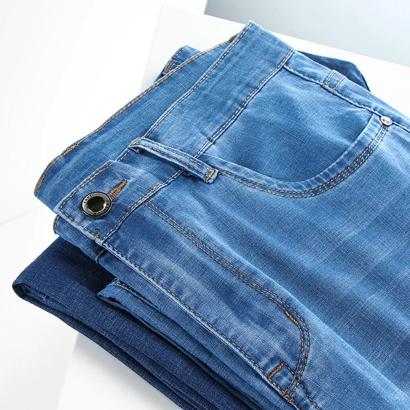 2025 Dunne of dikke stoffen kantoor- en zakenjeans voor heren, klassiek blauw, zwart, katoenen stretch, rechte denimbroek, herenmerkbroeken