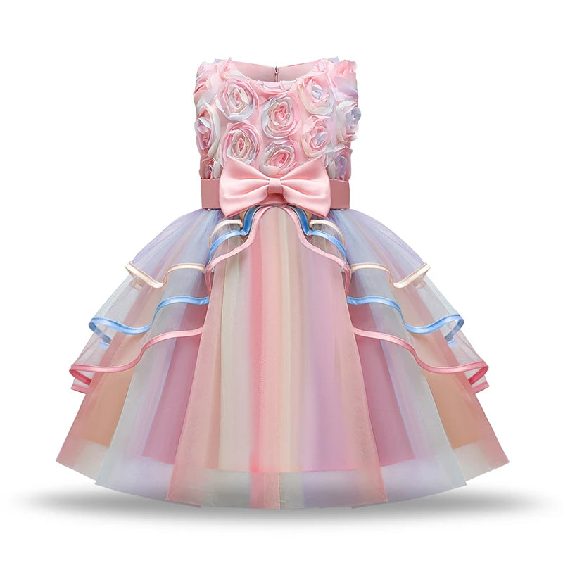 Fashion Girl's Dress Summer Rose Princess Dress Patchwork Mesh Performance Costume Children's Birthday Gown 3-8Y Girls