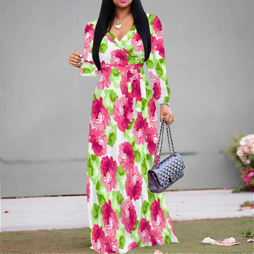 Pink Floral V-Neck Long Sleeve Maxi Dress Women Spring Summer Garden Style