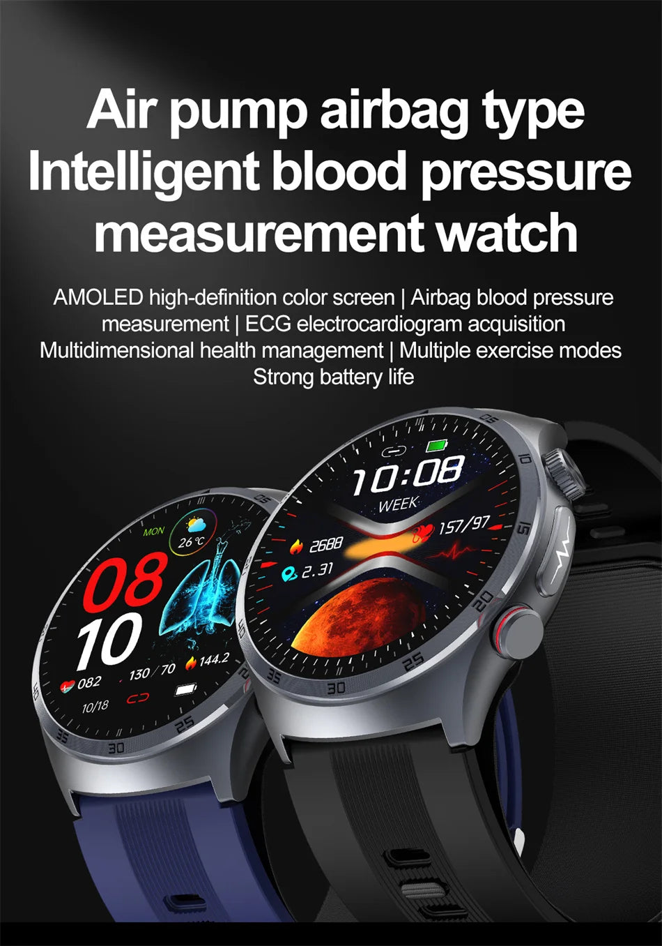 Airbag Type Blood Pressure Smart Watches Blood Oxygen Sport Call Health Tracking Sapphire Glass AMOLED Air Pump Smartwatch With NFC