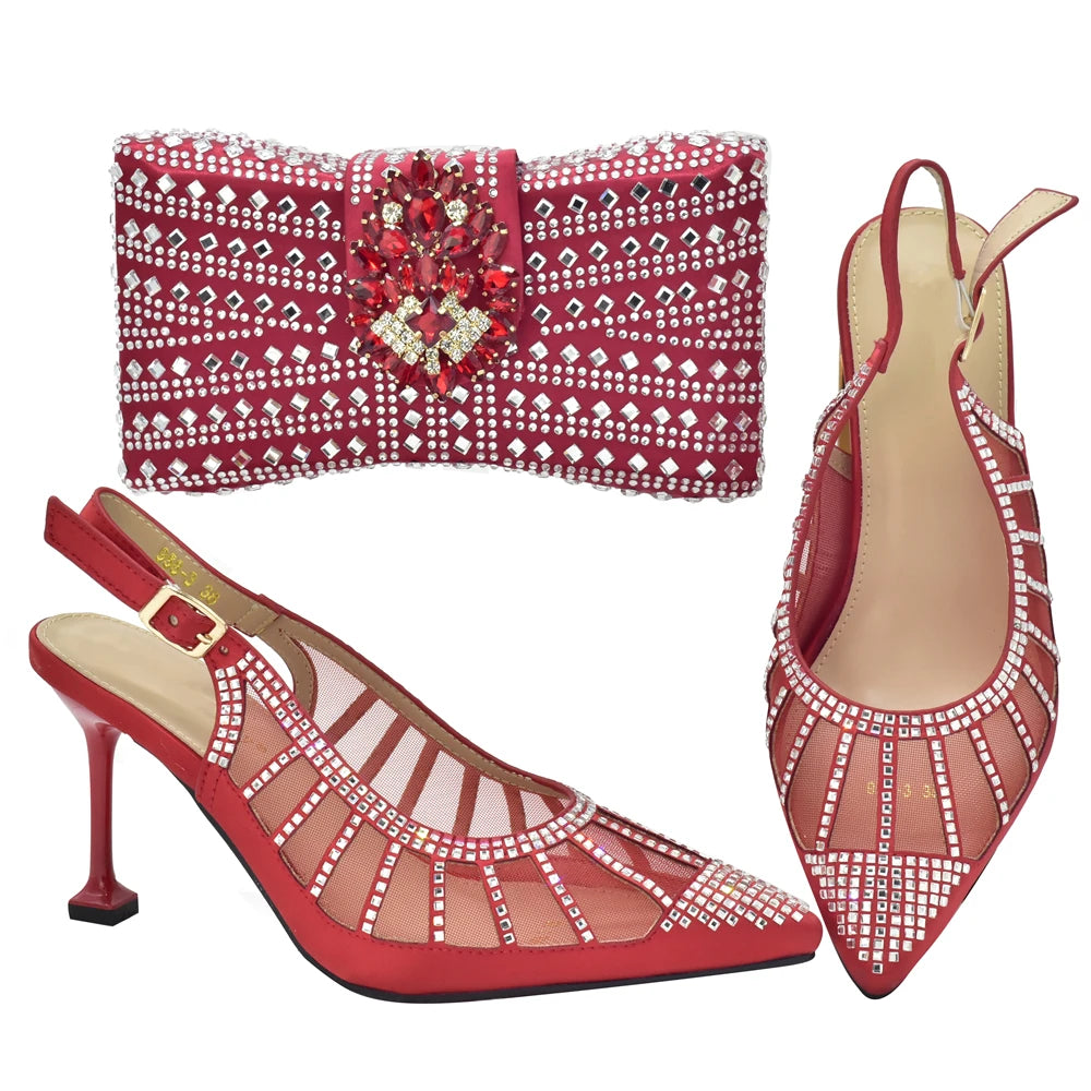 2025 Italian Shoes and Bags Matching Set Decorated with Rhinestone Plus Size Heels