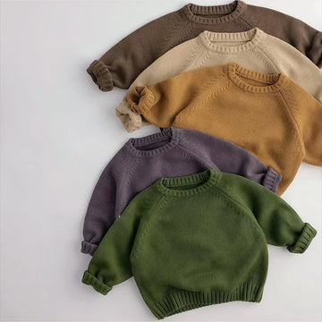 Pure Cotton Solid Kids Sweaters Vintage Boys Pullover Knitwear Toddler Girls Sweater Shirt Outwear For Children 1-6Y Unisex