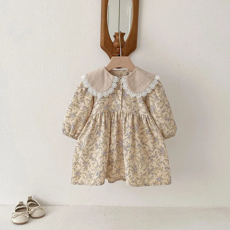New Spring Girls Floral Dress Kids Cute Lace Doll Collar Princess Dress Children Sweet Flower Clothes For Kids 1-3Y Girls