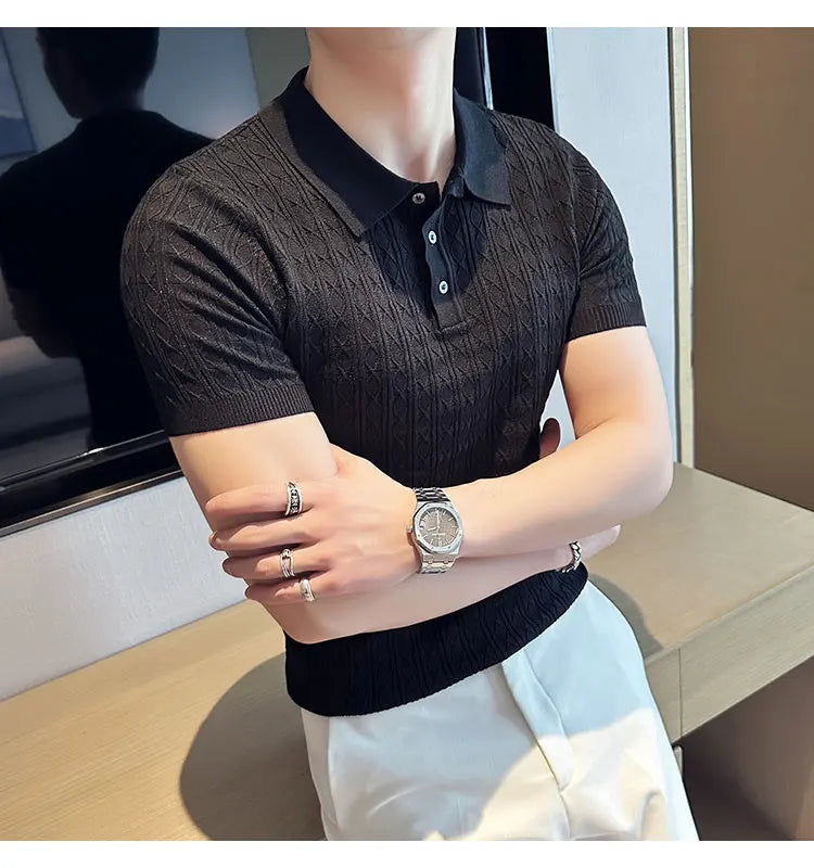Men's Slim-Fit Jacquard Knitted Short-Sleeved Polo Shirt for Male Fashion Lapel Golf Shirt