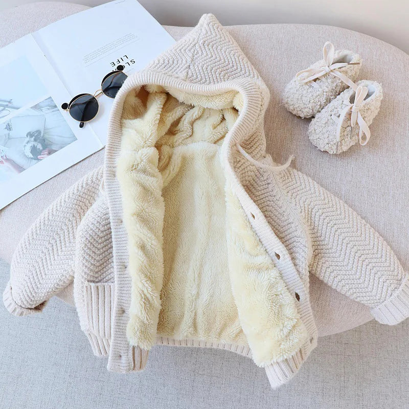 Winter Kids Sweaters Fur Lining Girls Cardigans Warm Boys Knitwear Children Outfit 1-7Y Unisex