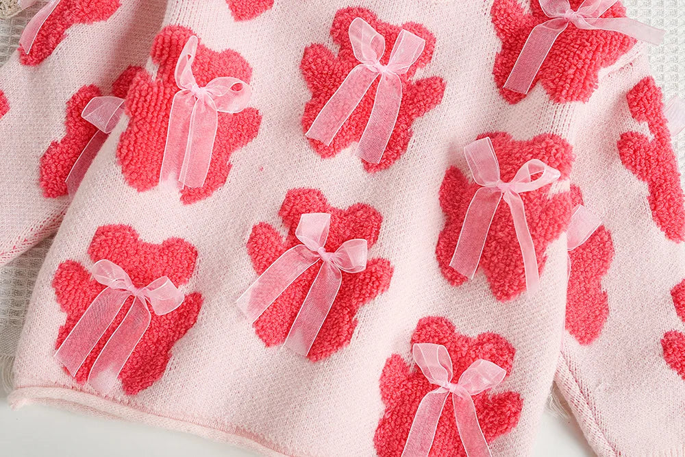 New Autumn Girls Knitted Sweater Sweet Bear Bow Kids Sweater Korean Loose Children Outwear Tops 9M-5T Girls