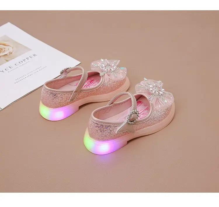 Disney Children High Heel Princess Elsa Party LED Light Shoes Summer Girls Sandals Baby Girls Crystal Blue Pink Shoes 23-34