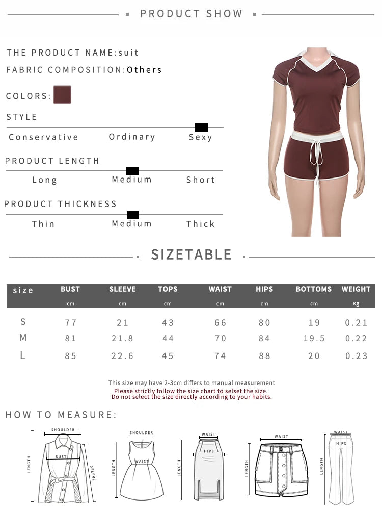 Casual Women 2 Piece Set Tracksuit Stretch Sporty Polo Neck Crop Tops + Wide Waist Shorts Matching Streetwear Outfits