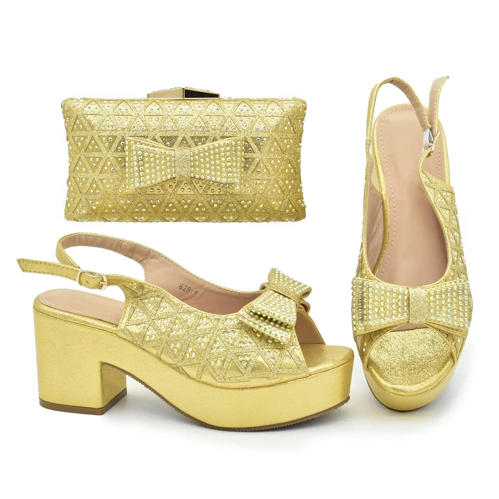 African Women Wedding Shoes and Bag Set Decorated with Rhinestone Africa Shoe and Bags Set Wedges Shoes for Women