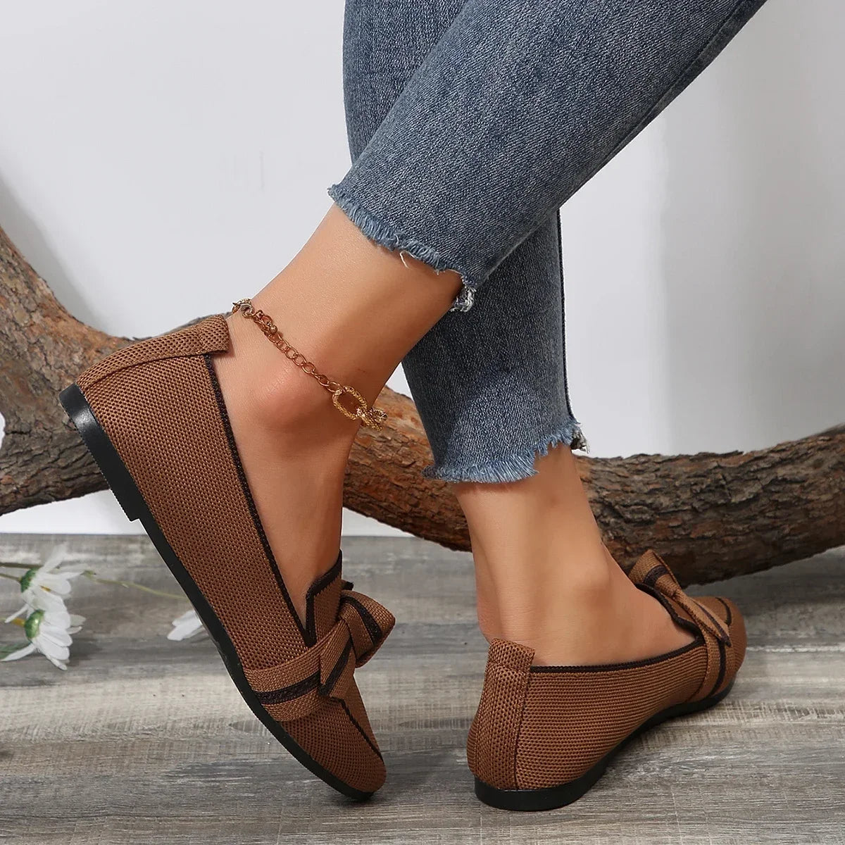 Women's Spring and Autumn Outfit Pointed Flat Breathable Casual Knot Shoes Women's Blue Pregnant Women's Low Heel Moon Shoes