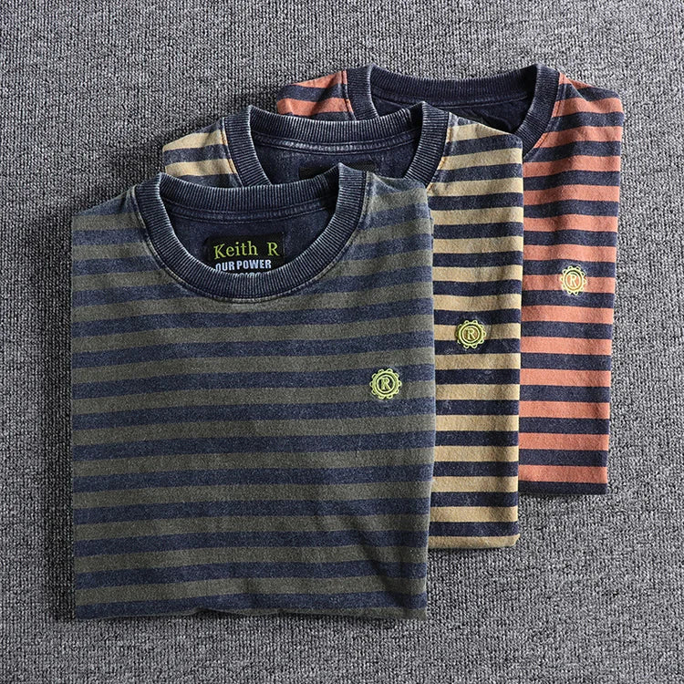 Summer New Japanese Retro Short Sleeve Striped T-shirt Men's Fashion 100% Cotton Slim Simple Round Neck Washed Old Casual Tops