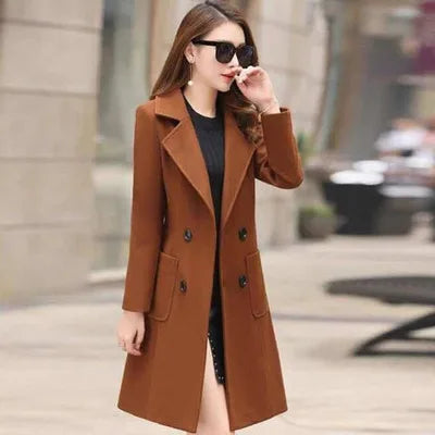 2024 Autumn Winter Women Long Woolen Coats Double Breasted Female Solid Color Slim Fit Outerwear Turn-down Collar Streetwear