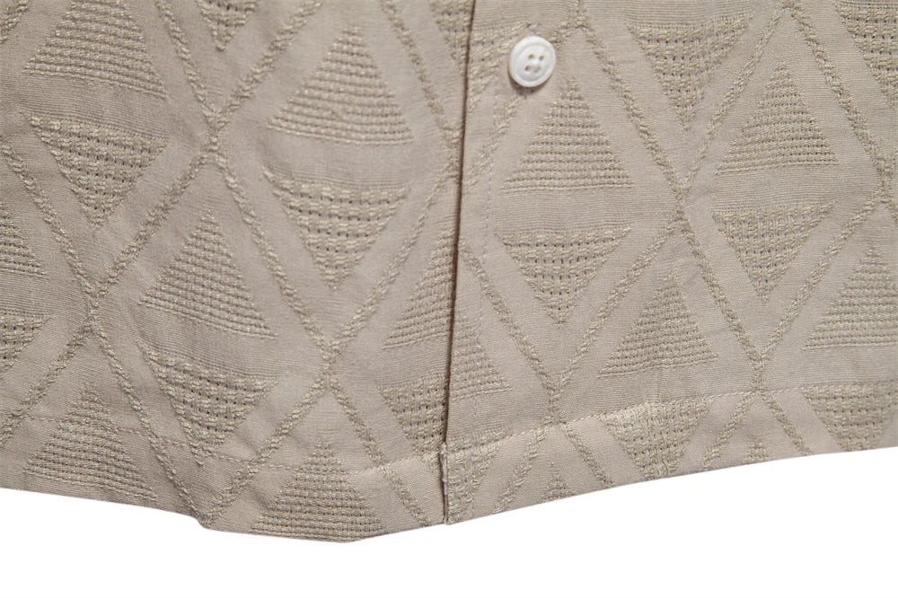 100% katoenen jacquard herenoverhemden met korte mouwen - effen kleur, omgeslagen kraag, casual zomeroverhemden voor heren