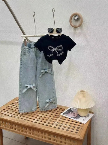 2PCS Children's Summer Clothes Set Girls Bow Colour Blocked Top + Solid Colour Straight Leg Jeans Outfit For Kids 4-6Y