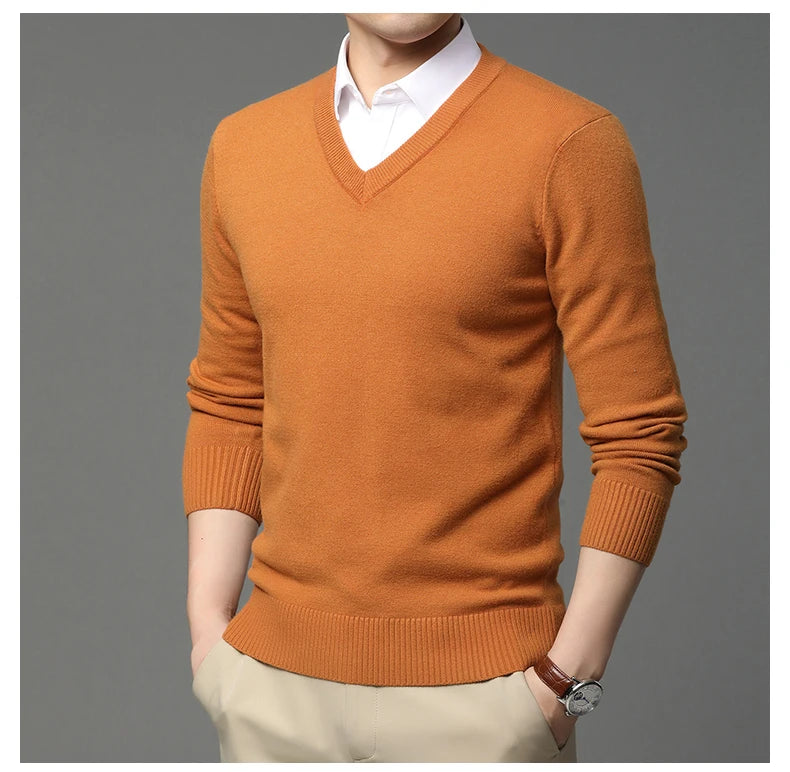 Men's High Quality Fashion Brand, Woollen Knit Pullover V-Neck Sweater, Autumn and Winter Casual Male Jumper