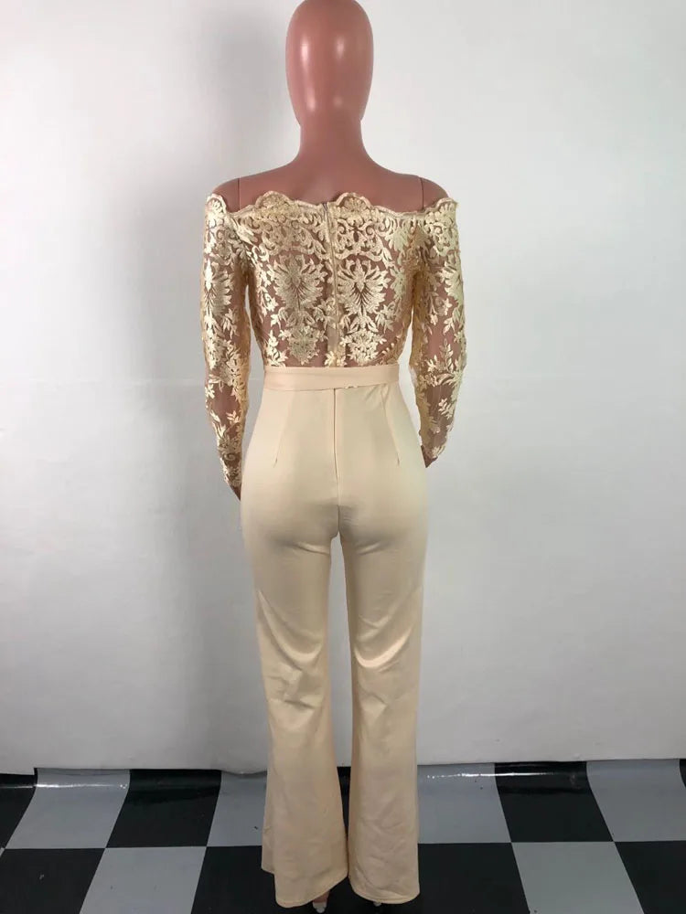 Off Shoulder Mesh Embroidery Long Sleeve Flare Jumpsuit With Belt