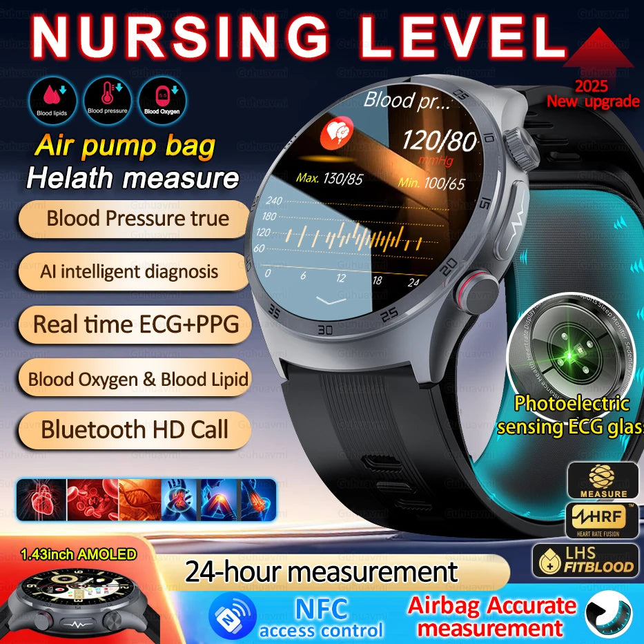 Airbag Type Blood Pressure Smart Watches Blood Oxygen Sport Call Health Tracking Sapphire Glass AMOLED Air Pump Smartwatch With NFC